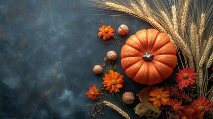 Pumpkins, acorns, and wheat on a dark background. fall-themed wallpaper for phone screens. top view. flat lay style. realistic photography. high resolution.