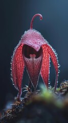 A flower in tight focus, adorned with water droplets on its petals and a heart-shaped tip at each end