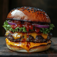 real photo, the most delicious burger in the world, in the style of a food photo shoot, appetite, drooling