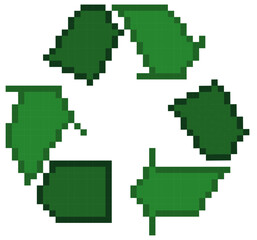 Recycling symbol pixel art icon, retro vector illustration.
