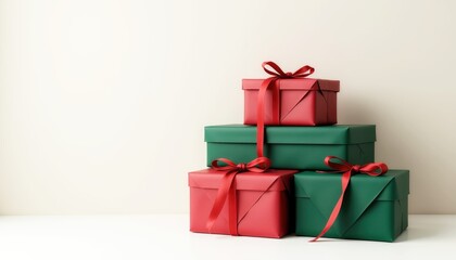 Obraz premium Stack of colorful green and red gift boxes with ribbons arranged on a white surface against a light background, copy sapce
