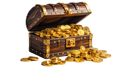 Set Of Treasure chest filled with gold coins on transparent background....