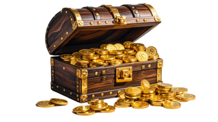 Set Of Treasure chest filled with gold coins on transparent background....