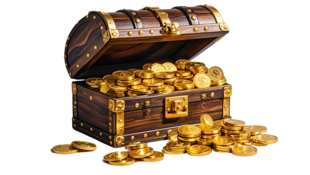 Set Of Treasure chest filled with gold coins on transparent background....