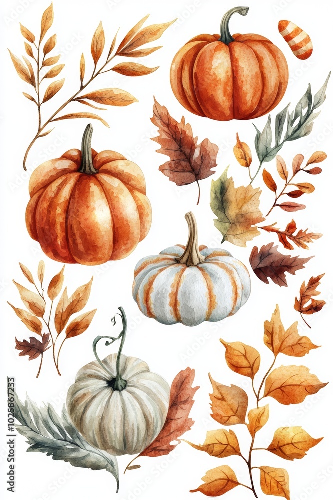 Wall mural fall watercolor clipart with colorful pumpkins and maple leaves on a white background.