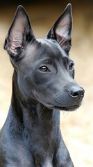  A tight shot of a mournful black dog, background softly blurred