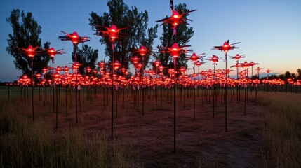 Naklejka premium Red Illuminated Stars in a Field at Twilight