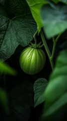 leaves in focus, stem supporting a round fruit, backdrop dark