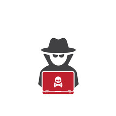 Hacker at laptop icon. Flat illustration of hacker at laptop vector icon for web design	