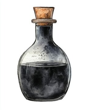 recommend clip art: Illustration of a bottle with black potion isolated on white with handwritten magic poison, alchemist bottle drawn in watercolor