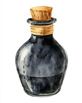 recommend clip art: The alchemist's bottle with a black potion in the center, isolated against a white background, watercolor illustration, hand drawing magic poison.