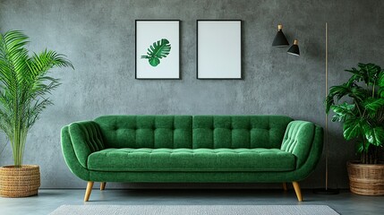 Obraz premium A green sofa positioned in a minimalist living room against a grey concrete wall with two art posters, showcasing modern interior design.