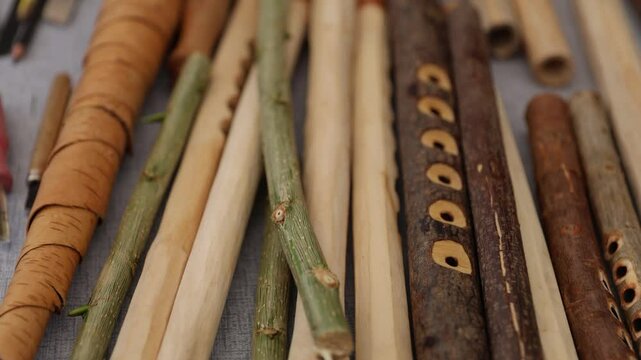 Wooden Ukrainian pipes for playing traditional music. Hand made pagan musical instruments