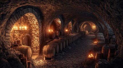 A Victorian earthen cellar with rows of intricately carved barrels