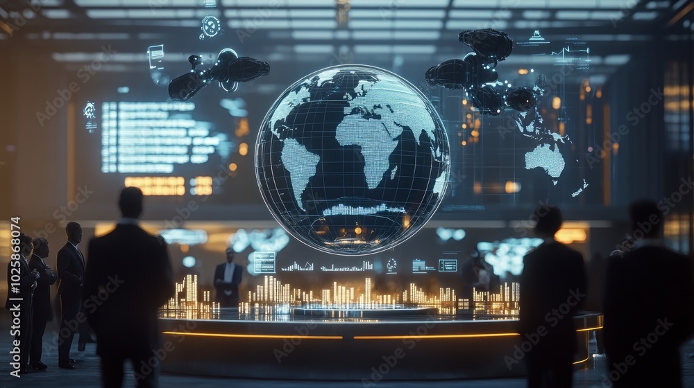 Poster a group of businessmen stand in a futuristic room with a large globe and data visualizations, repres