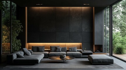 A minimalist modern living room featuring black walls and a sleek sofa, showcasing contemporary interior design.