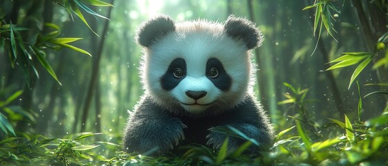 Obraz premium Low poly panda in bamboo forest.