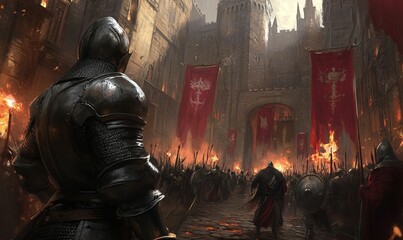 Armored knights stand before a castle gate.