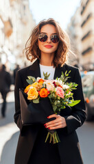 Fototapeta premium Stylish woman holds a bouquet of colorful flowers while walking in the city, showcasing modern urban fashion and vibrant blooms.