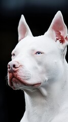 Obraz premium Up-close white dog's face against black backdrop, featuring a distinct red mark on its ear