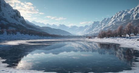 Frozen lake in the middle of a snow-covered valley, distant mountains