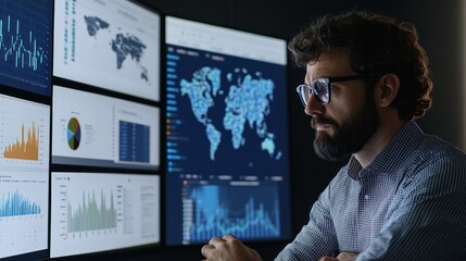 Bearded Man Analyzing Data on Multiple Monitors