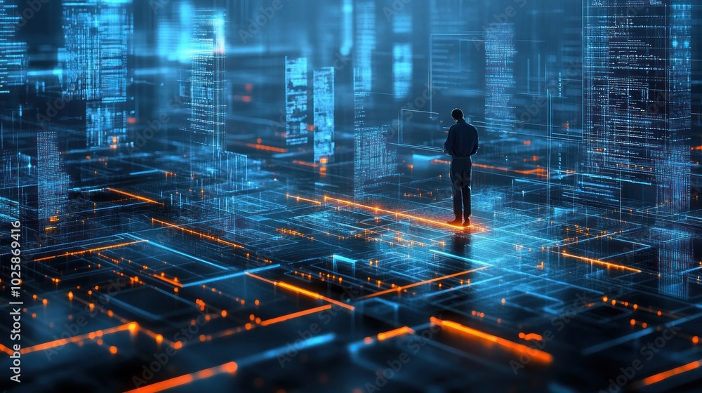 Poster a lone figure standing on a futuristic digital landscape, surrounded by glowing blue lines and code