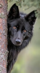 Naklejka premium A tight shot of a black dog looking out from behind a tree, its head emerging from the tree trunk