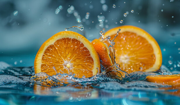 Juicy orange slices splashing into water, creating vibrant motion with droplets, highlighting freshness and the citrusy nature of the fruit.
