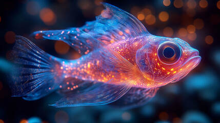 Fototapeta premium Deep sea fish, mysterious creature. Beautiful transparent colorful marine life sea animal holographic glowing in dark underwater. Creative unique ocean 3d digital artwork, surreal fantasy background.