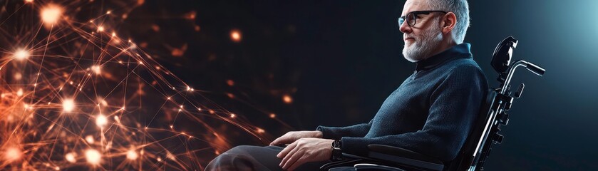 Senior man controlling a smart wheelchair with eyetracking technology, scifi city backdrop, Holographic, High contrast, 3D modeling