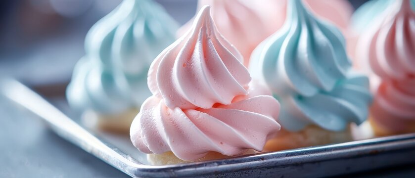  A tight shot of a plate filled with cupcakes Each cupcake boasts a swirl of pink or blue frosting atop