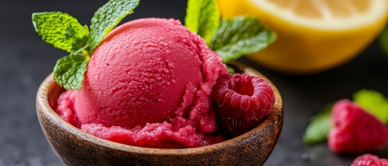  Two scoops of raspberry ice cream in a wooden bowl Lemon and mint garnish nearby - Powered by Adobe