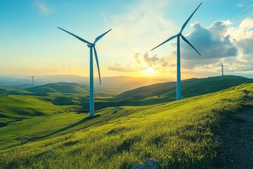 Wind turbines on the green meadow, renewable energy.
