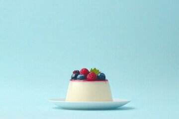 A delicate vanilla panna cotta sits elegantly on a white plate, adorned with vibrant raspberries and blueberries, showcasing a delightful dessert against a soft blue backdrop.