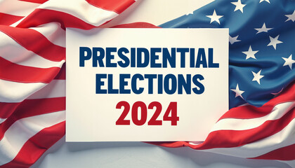 A minimalist poster design with the words "Presidential Elections 2024" in blue and red text on a white background, framed by an American flag