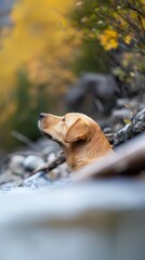  A brown dog reclines atop a rock in a forest, teeming with numerous green and yellow trees
