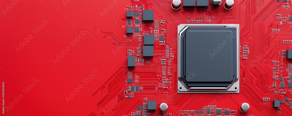 Poster red circuit board with microchip, integrated circuits and electronic components, isolated on white b