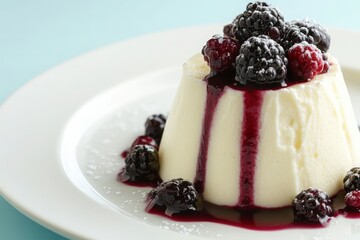 This dessert features a creamy vanilla panna cotta elegantly served on a plate, adorned with fresh blackberries and drizzled with raspberry sauce, creating a vibrant, appetizing presentation.