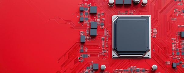 Red circuit board with microchip, integrated circuits and electronic components, isolated on white background.
