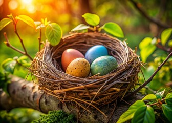 Obraz premium Nest of Colorful Bird Eggs in a Natural Setting, Symbolizing New Life and Springtime Awakening