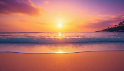 Fototapeta premium Tropical beach at sunset with light sand in the foreground.