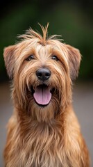  A close-up of a dog's face with its tongue out