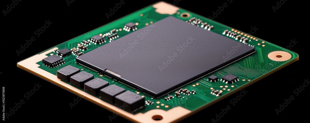 Poster high-tech microprocessor on a circuit board, showcasing modern electronic innovation.