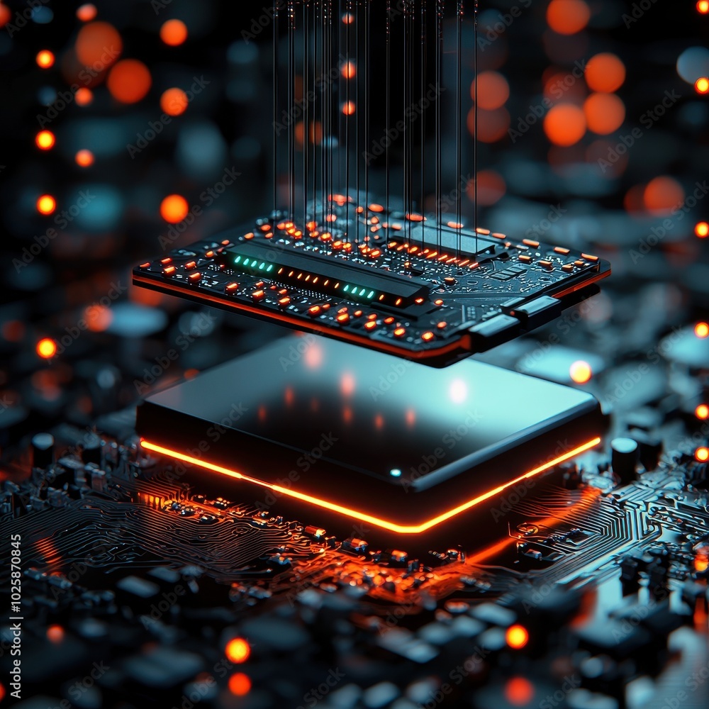 Poster high-tech circuit board with glowing components on a dark background.