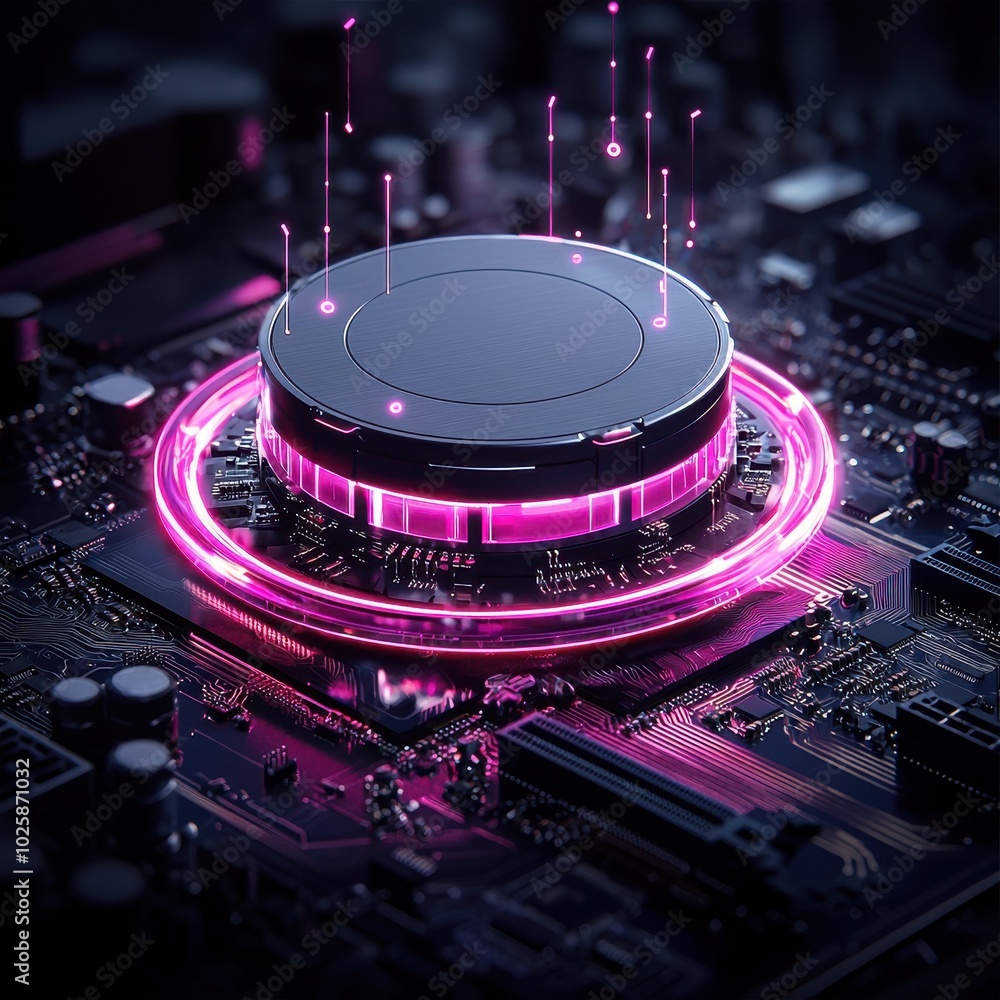Poster futuristic circuit board with glowing elements and vibrant colors, showcasing advanced computer hard