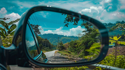 A rearview mirror reflects a scenic drive with lush greenery, mountains, and a bright sky, creating a picturesque travel moment.
