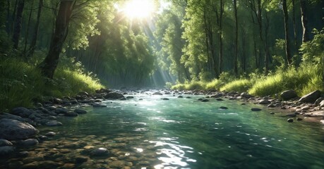 Crystal clear river flowing through a dense forest, sunlight filtering through the trees