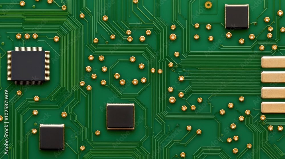 Poster close-up view of a green circuit board with gold components on a clear background.