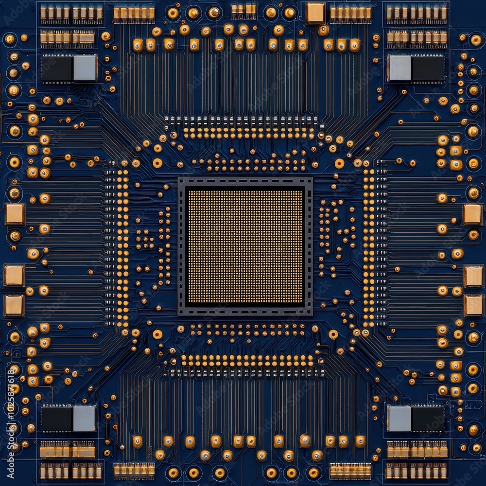 Poster close-up view of a circuit board with intricate designs and connections on a blue background.